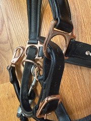 Full Size Black Leather Rose Gold Rhinestone Halter w/ Black Cotton 4ft Lead