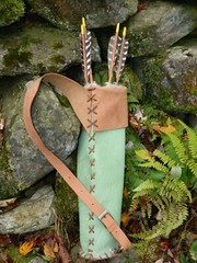 Handmade Green Leather traditional archery back quiver for arrows Antler Accents