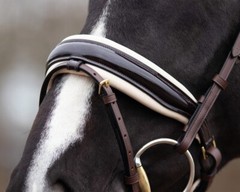 QHP Lupine Patent Leather Dressage Bridle – Black/Gun Metal or Dark Brown/Beige