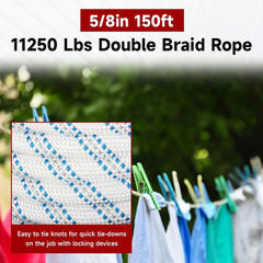 5/8In Rope 150Ft 11250 Lbs Double Braid Polyester Pulling Rope Bull Rope for Pul