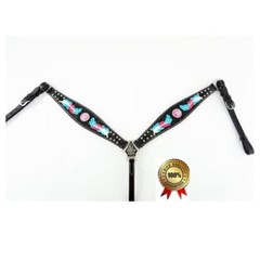 Western Horse Leather Purple & Pink Feather Bridle Breast Collar Tack Set