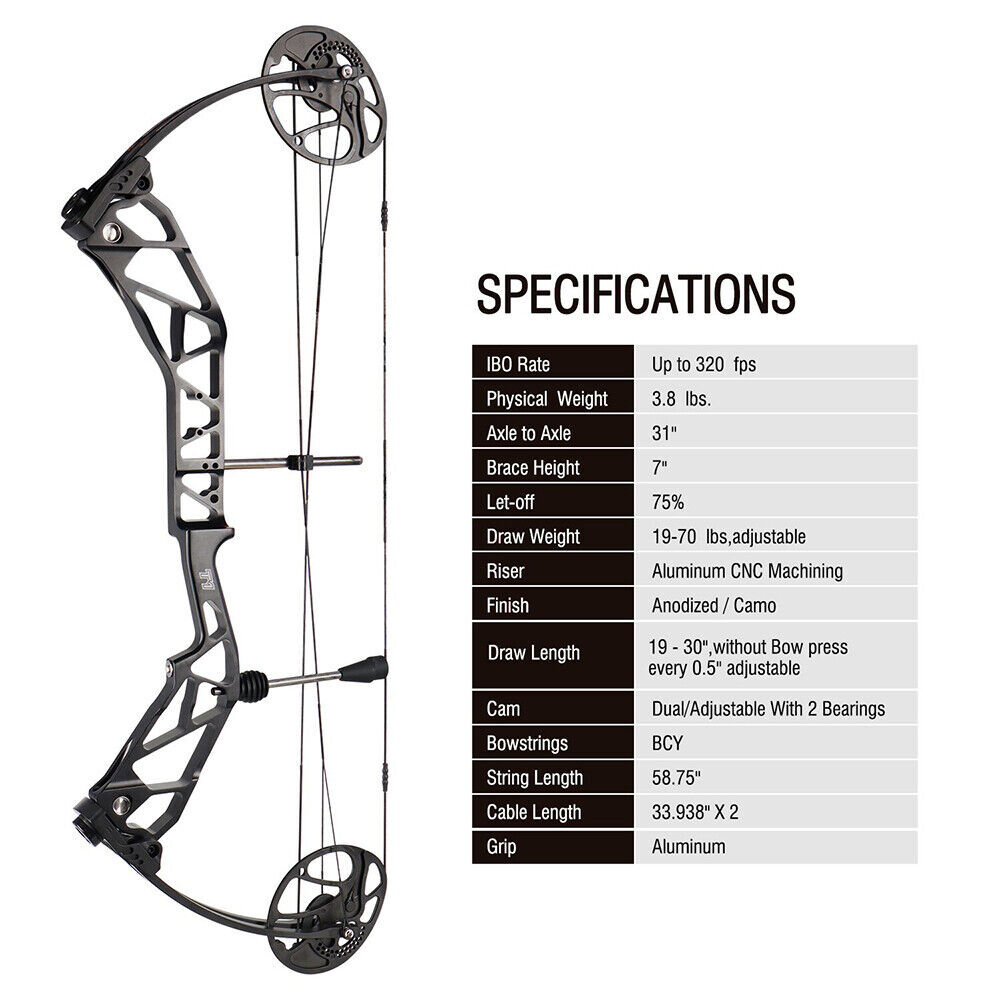 TOPOINT Compound Bow 19-70lbs Adjustable 320FPS Adult Archery Hunt Target Shoot