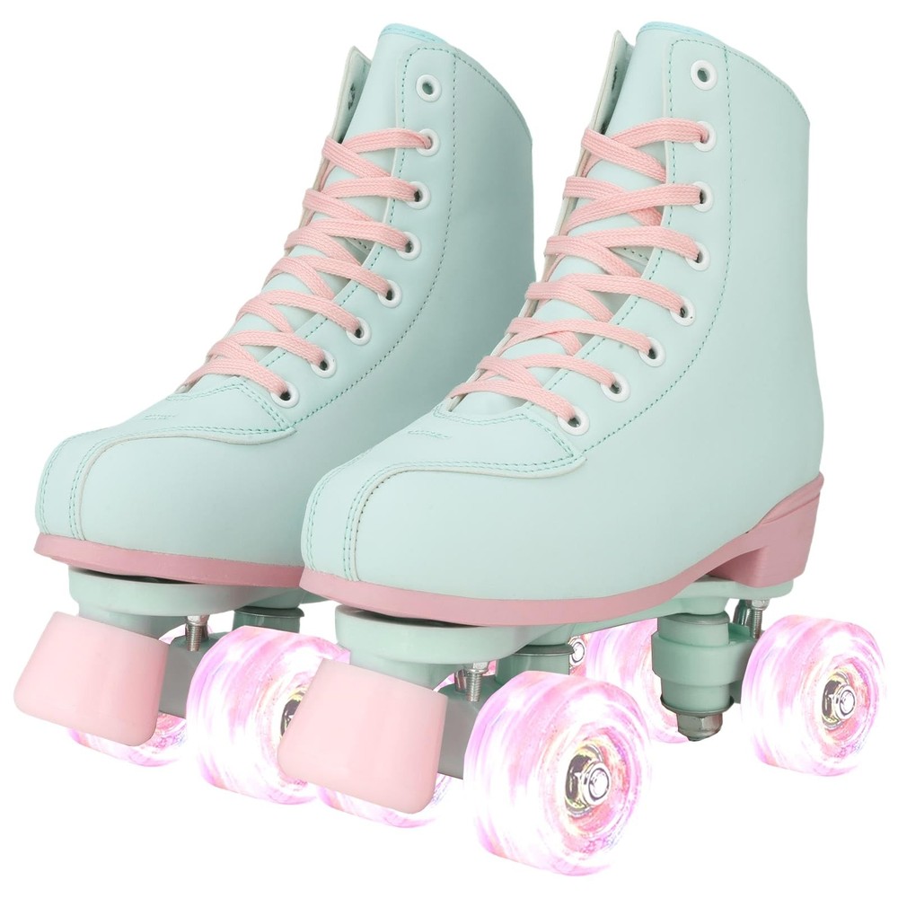 XUDREZ Roller Skates for Girls and Women, Light Green PU Leather Indoor Outdo…
