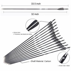 12Pcs 32 Inch Carbon Arrows Spine 500 OD 7.8mm Archery For Compound/Recurve Bow