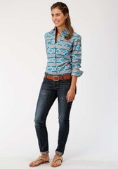 Roper Women’s Turquoise & orange SANTA FE AZTEC WESTERN SHIRT w/ Snaps Size L XL