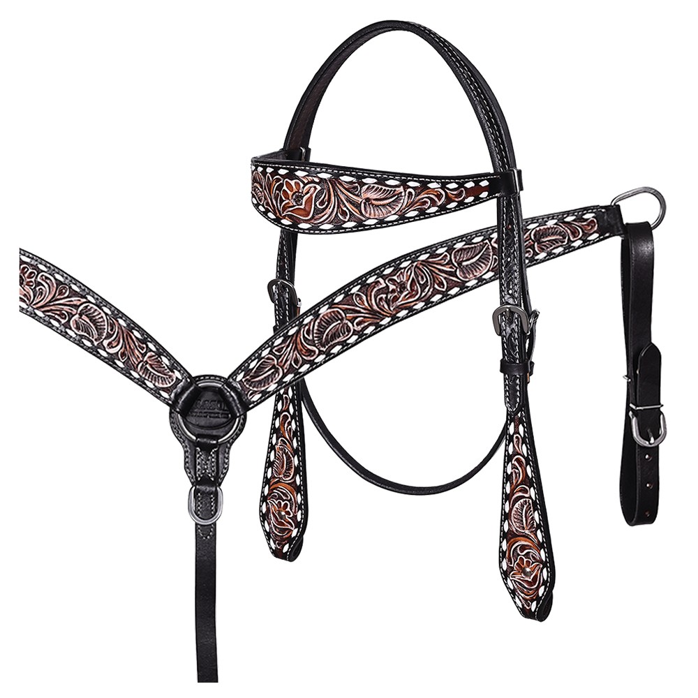 Western Headstall and Breast Collar Set HILASON Tooled Leather Horse Bridle Tack