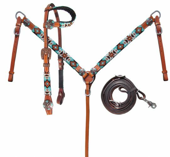 Turquoise and Orange Beaded Aztec One Ear Headstall & Breast Collar & Rein NEW
