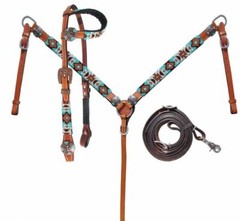 Turquoise and Orange Beaded Aztec One Ear Headstall & Breast Collar & Rein NEW