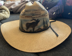 Vintage 80s Painted Straw Cowboy Hat 7 1/2 XL Elk Mountain Landscape Made in USA