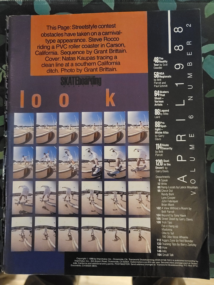 TRANSWORLD SKATEBOARDING MAGAZINE APRIL 1988 WITHOUT COVER.