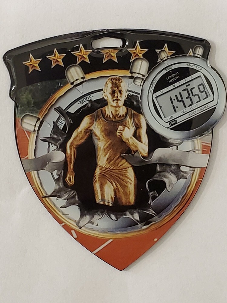Male Track medal, shield shape 3″ x 2.5″ diameter, with ribbon, & engraving