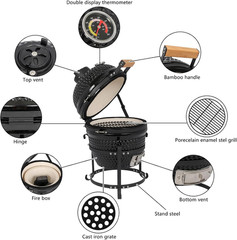 Outvita Ceramic Grill, 13″ round Kamado Charcoal Grill, Portable Barbecue Grill