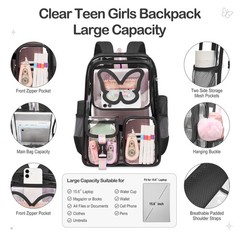 Clear Backpack for Girls Women Heavy Duty Transparent Bookbag Black