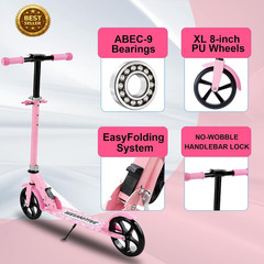Foldable Kick Scooter for Kids Teens Adults Adjustable Big Wheel Rear Brake