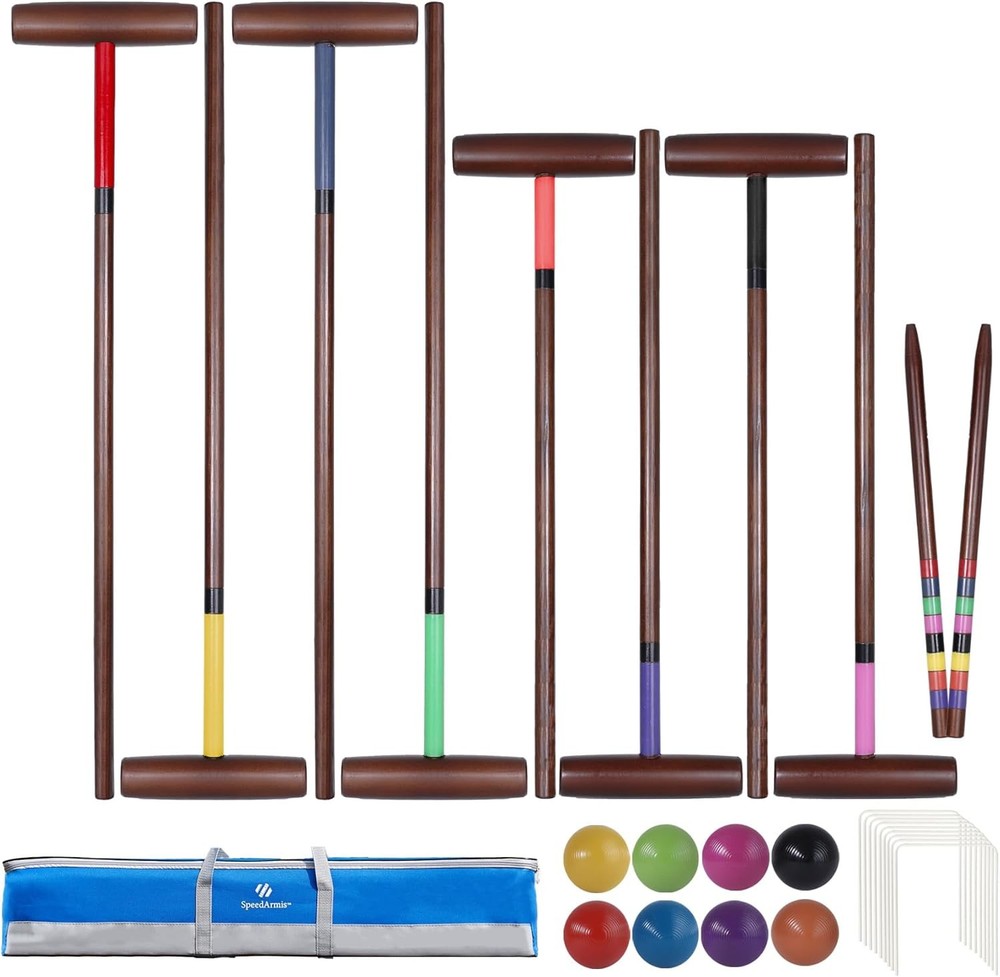 8Players Croquet Set with 32In Regulation|28In Standard Size Rubber Wood Mallets