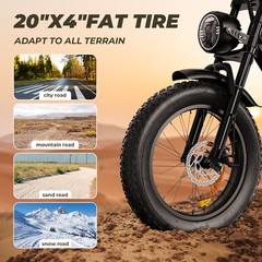 750WH Electric Bike Max 33MPH 20″ Fat Tire Electric Moped Style Bikes Peak 1500W