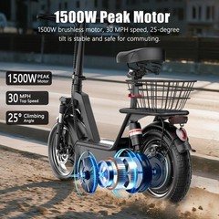Electric Scooter with Seat Peak 1500W Motor Up to 25MPH 45 Miles 14″ for Adults