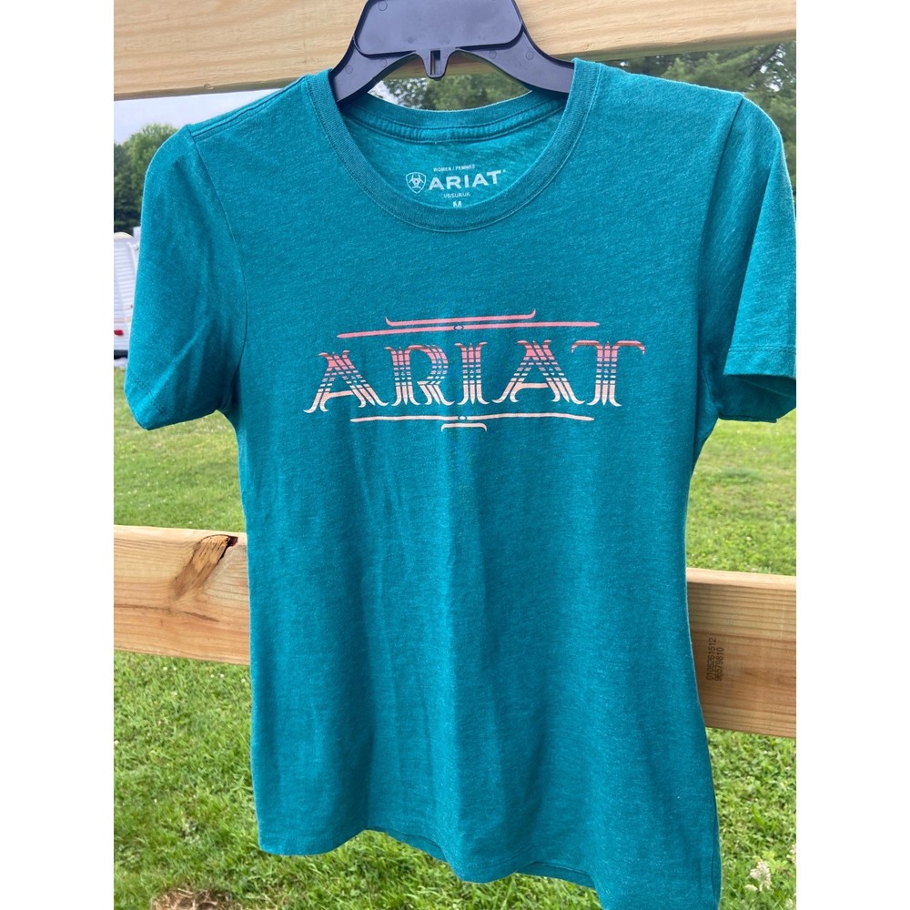 Ariat Womens Graphic T-Shirt Turquoise Teal Green Heather Western Logo Tee Sz M