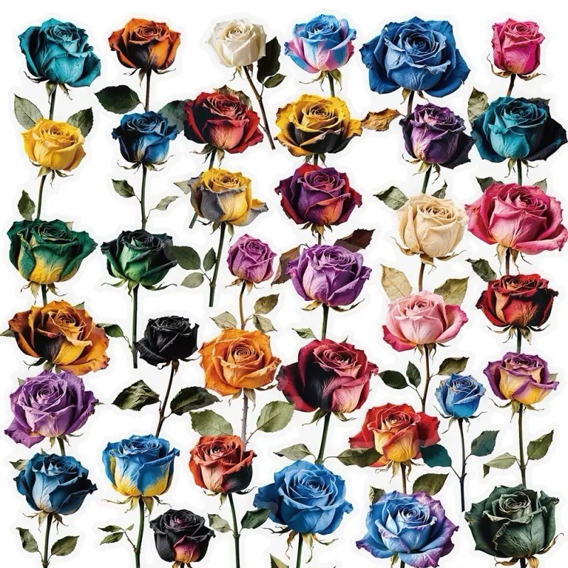 28Pcs Random Vintage Rose Dried Flowers Transparent PET Waterproof Stickers