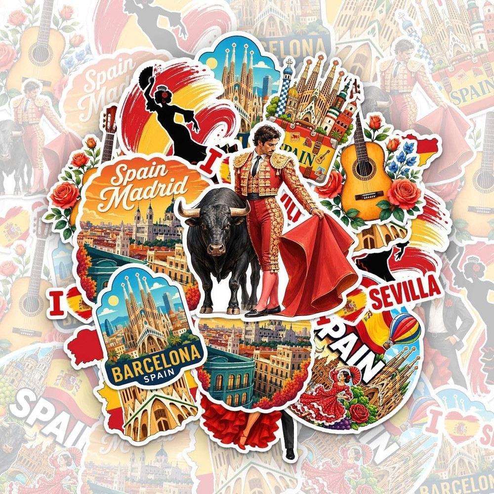100 PCS Spain Travel Stickers Pack, España Vinyl Waterproof Stickers of Madrid