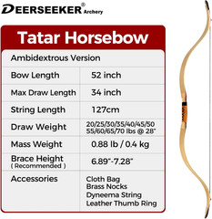 52″ Handmade Recurve Horsebow Set for Adults & Youth – 20-80Lbs Ambidextrous