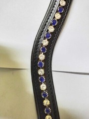 Blue/White Clear Crystal Leather Browband For Bridle With Softy Padding.