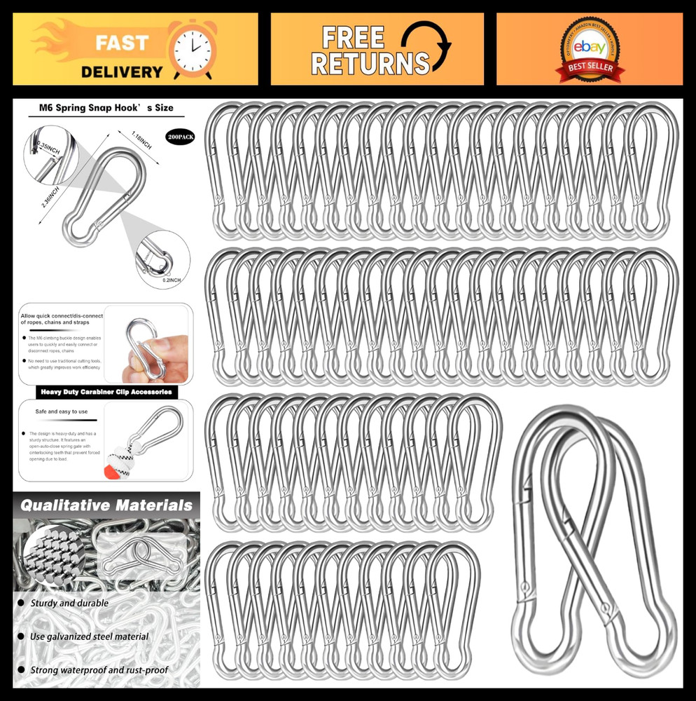 200PCS 2.36″ Spring Snap Hook Carabiner Clips, 260LBS Capacity for Camping, Leas