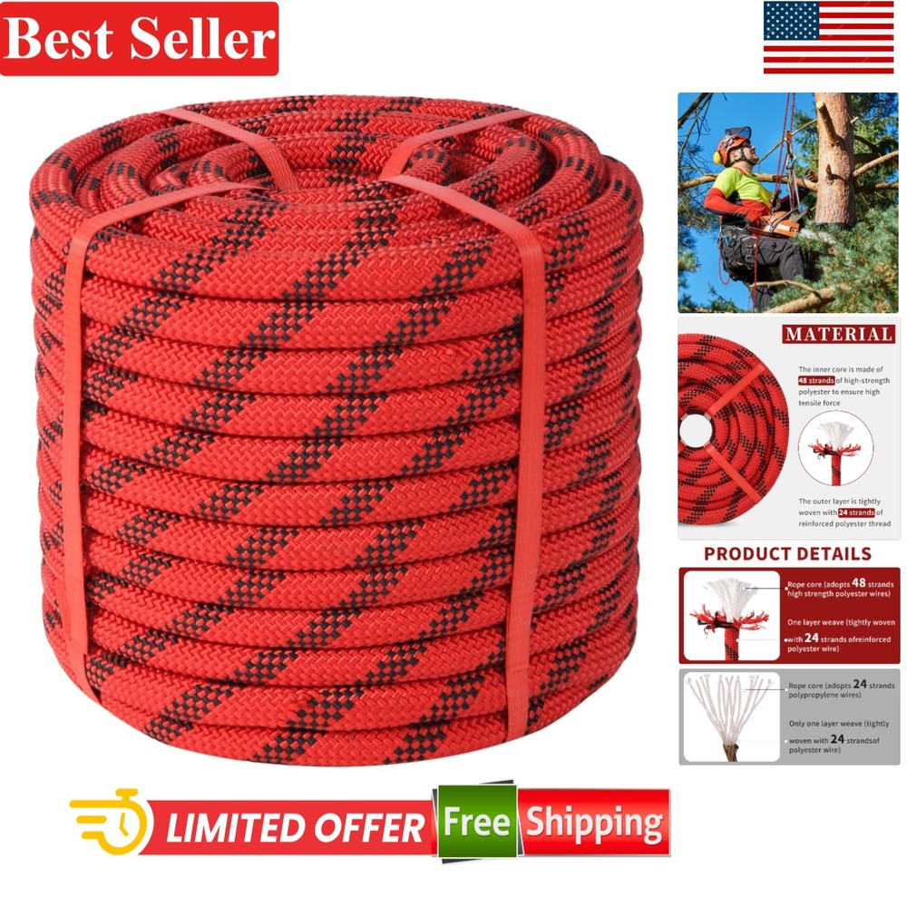 Arborist Rope 5/8in Climbing Rope 100ft Load Capacity Polyester Red