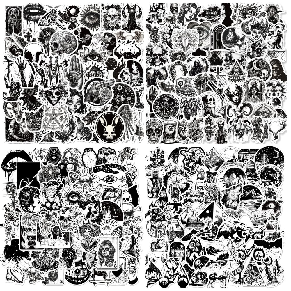 200 Pcs Black and White Gothic Stickers Waterproof Decals for Water Bottles
