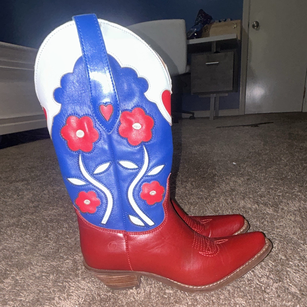 Dan Post Red White Blue Heart & Floral Design Western Cowboy Boots