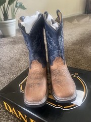 Dan Post Pull-On Western Cowboy Boots Brown Foot Blue Shaft With Box