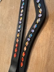 Leather Browband – Sewn In Glass Rhinestones – Aquamarine Peach Siam – 13-18”