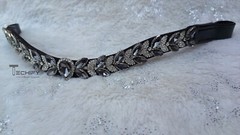 Horse Leather Browband with Grey Crystal White Leaf shape Crystal browband