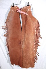 Riding Chaps Red Leather w/Fringe Size Med Thigh 23” (More Size in descrp)