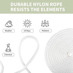 1/4 500ft White Solid Braid Nylon Rope 1100Ib High UV Resistance and Wear Resist