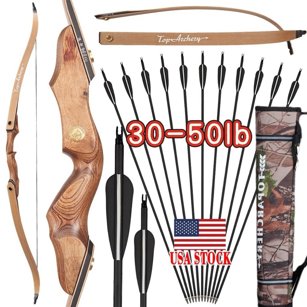 60» Archery 30-50lbs Recurve Bow Wooden Bow & 12pcs Arrows for Target Hunting