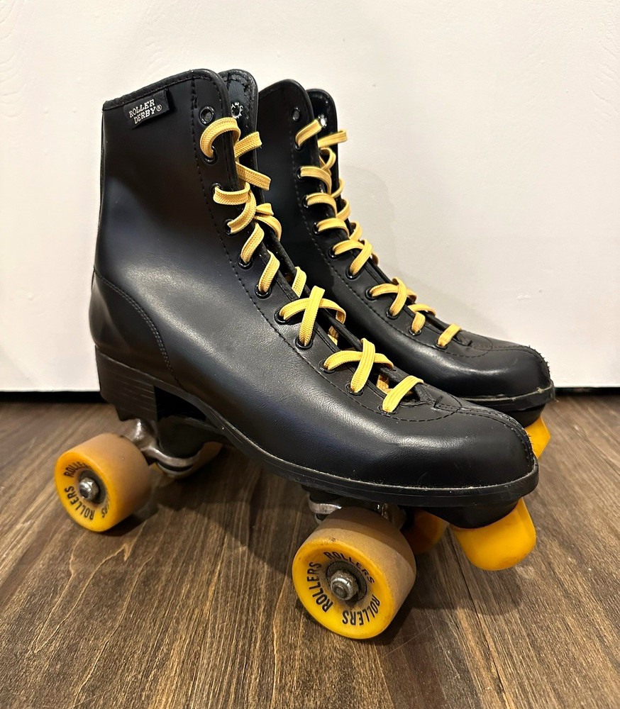 Roller Derby Black High Top Quad Roller Skates Yellow Laces & Wheels Women’s 8