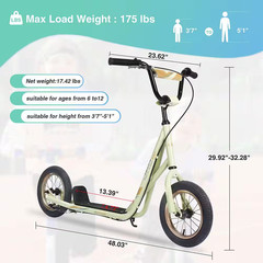 Kick Scooter Bike for 6-12-Years Old Kids W/Adjustable Handlebar,12 In. Inflatab