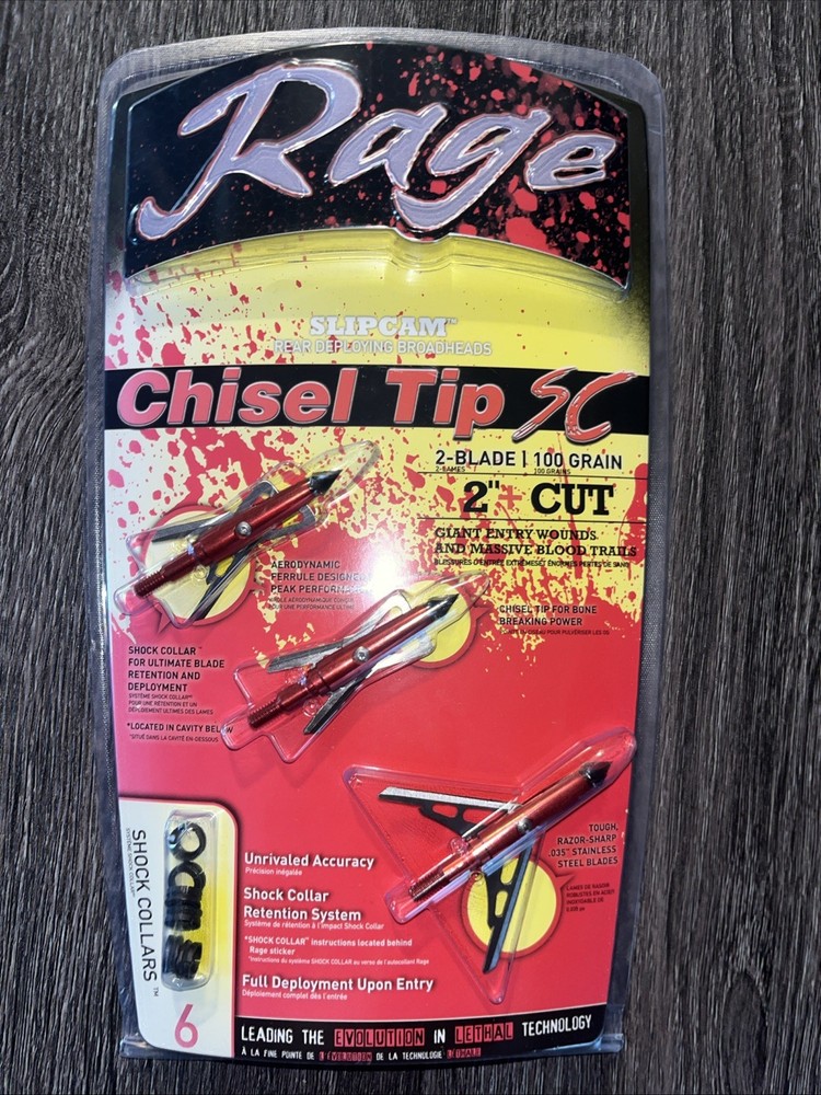 ONE Rage Slipcam CHISEL TIP SC 2″+ cut mechanical 2 blade broadheads 100 grain