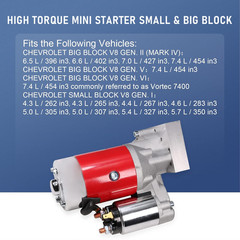 High Torque 3HP Mini Starter 9 Tooth Chevy SBC BBC 153/168 Tooth Flywheel Compat