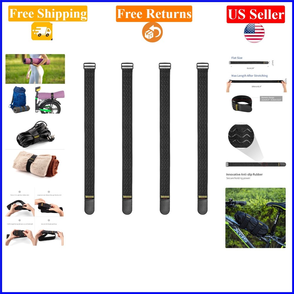 Black 24″ x 2″ Elastic Cinch Straps, 4 Pack with Anti-Slip, Versatile