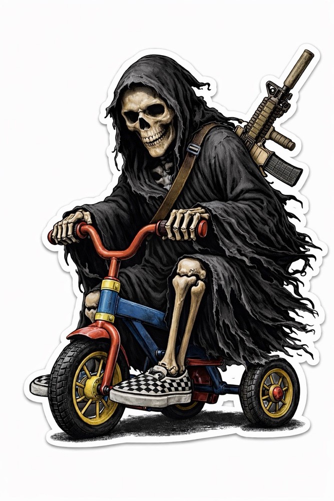Tactical Military Skull Grim Reaper Sticker AR-15 Decal Death On Tricycle Kids