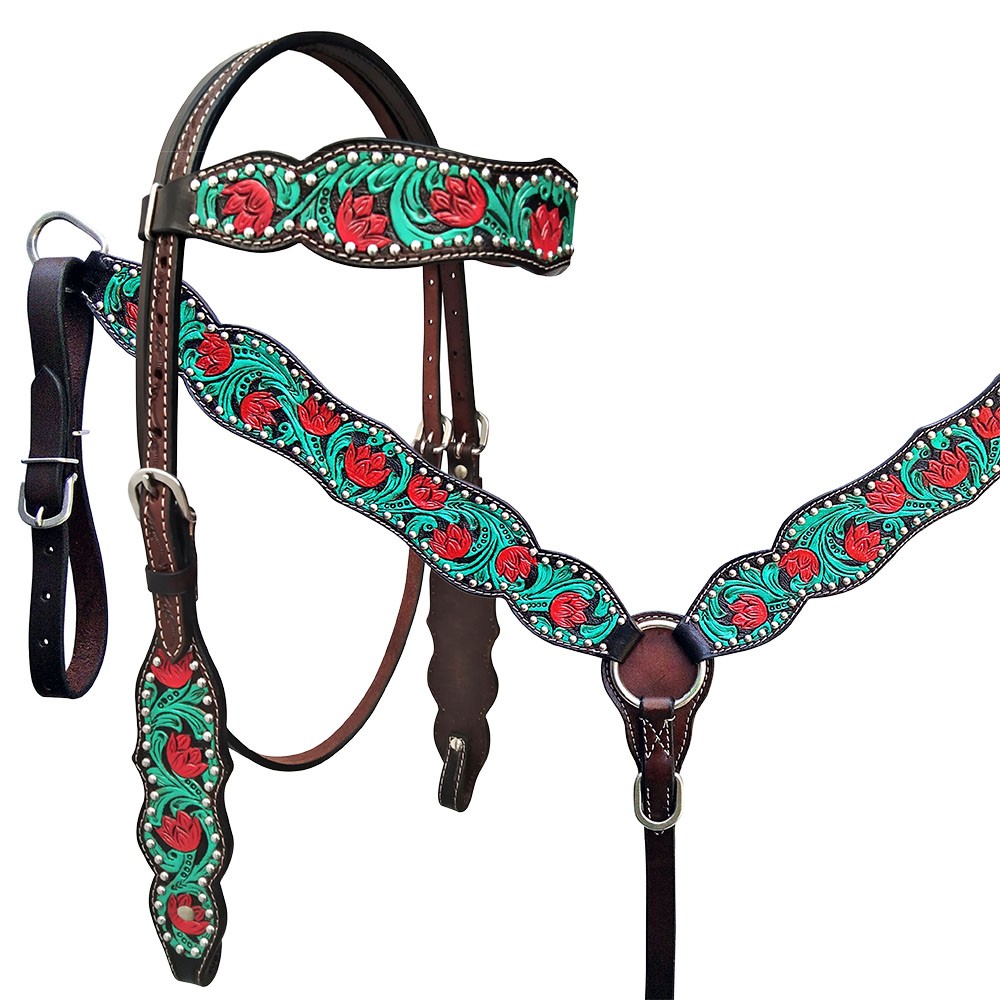 Western Headstall and Breast Collar Set HILASON Tooled Leather Horse Bridle Tack