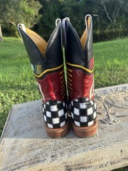 Tin Haul Western Cowboy Boots Black Leather Red Checkered Heel Racing Nascar