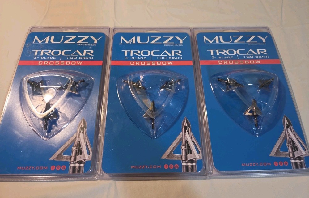 Lot Of 3 Muzzy Trocar 3 Blade 100 Grain Crossbow Archery Steel Broadhead 3 Pack