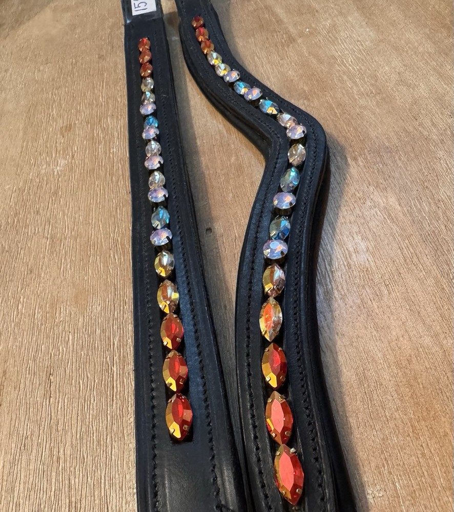 Leather Browband – Sewn In Glass Rhinestones – Aquamarine Peach Siam – 13-18”