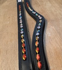 Leather Browband – Sewn In Glass Rhinestones – Aquamarine Peach Siam – 13-18”