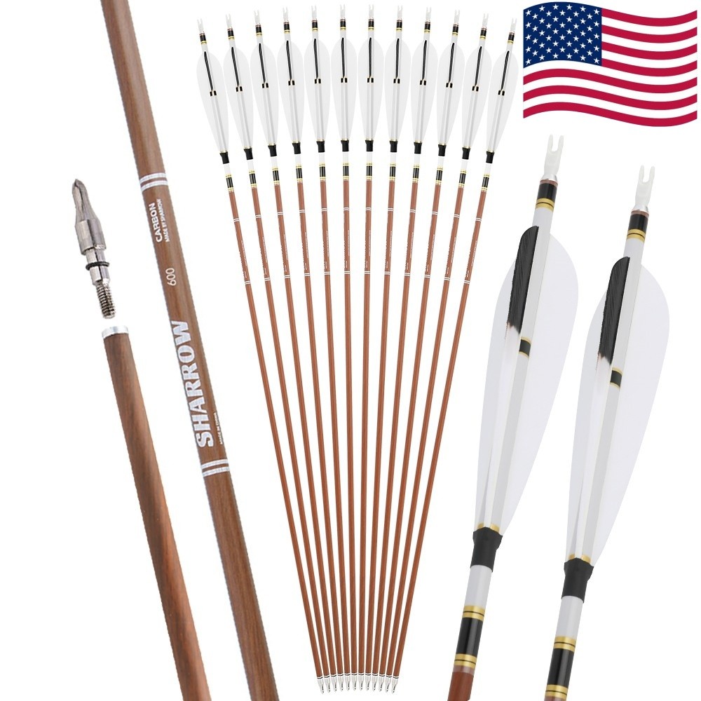 12X 31″ Pure Carbon Arrows 5″ Natural Feather SP340-600 Recurve Bow Hunting