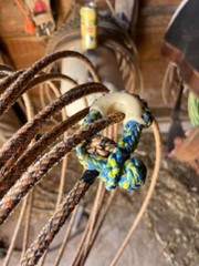 RWB AMERICAN FLAG 10 Plait Pryor ParaCord Hondo w/ Bull Rawhide Burner Buckaro