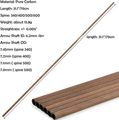 31 Inch 6.2Mm Archery Pure Carbon Hunting Arrow Shaft Tubes Spine 340 400 500 60